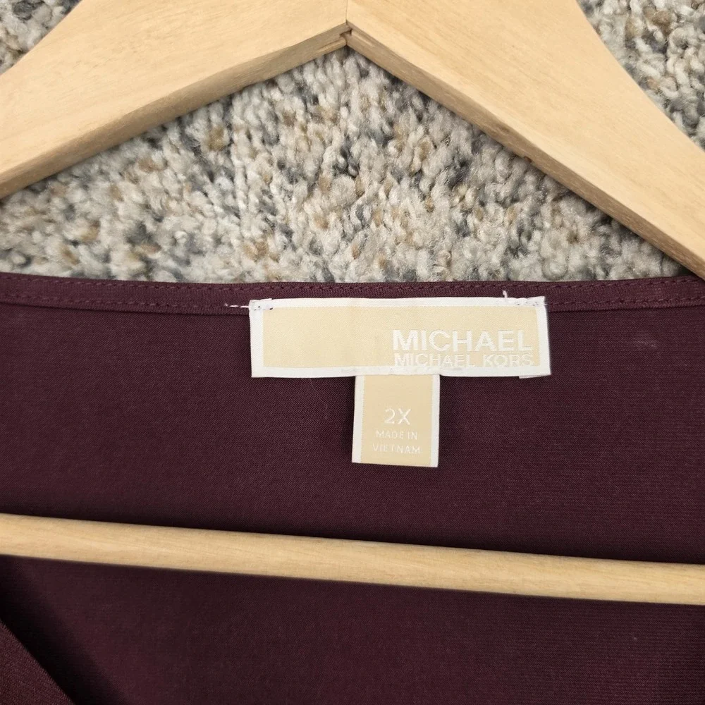 Michael Kors Top Womens 2X Burgundy Wine O Ring Draped V Neck Long Sleeve Blouse